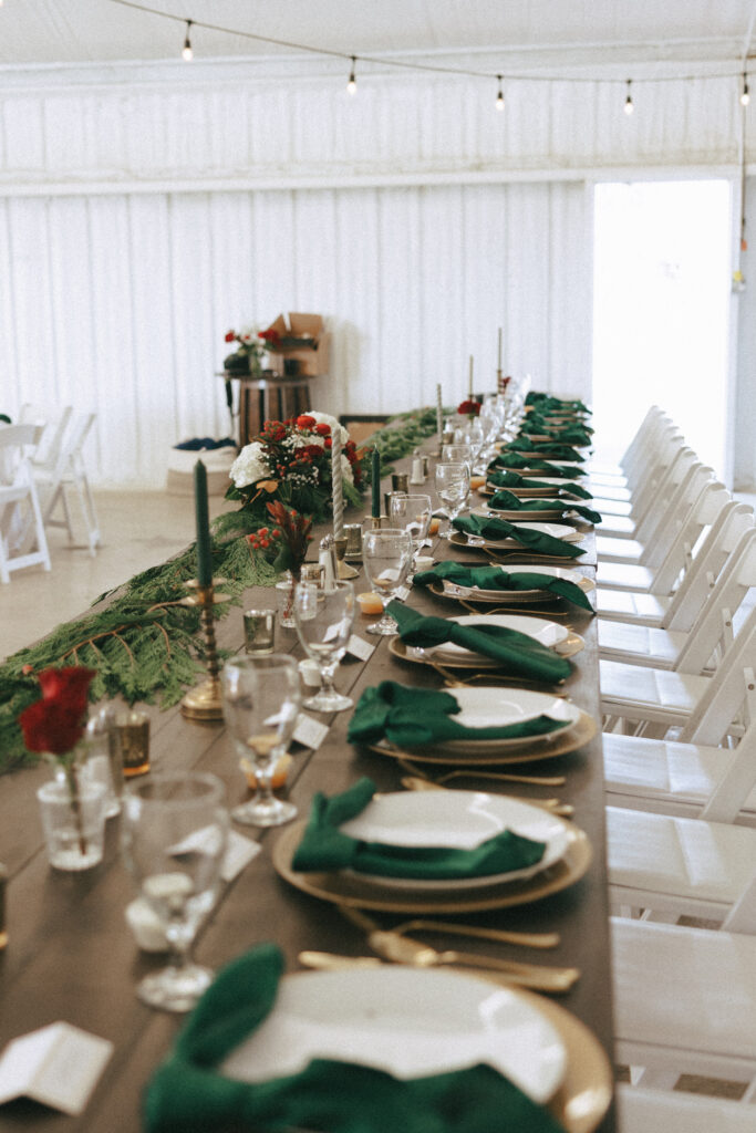 Christmas wedding reception details with warm tones and winter florals in Waco