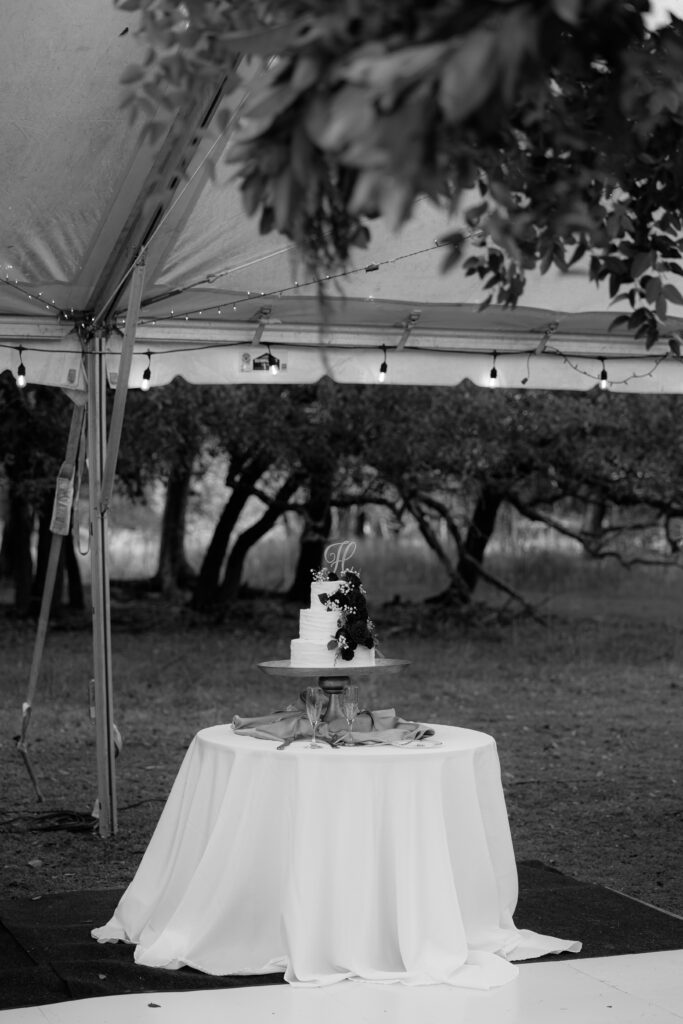 Wedding cake displayed at a Christmas wedding reception in Waco, Texas